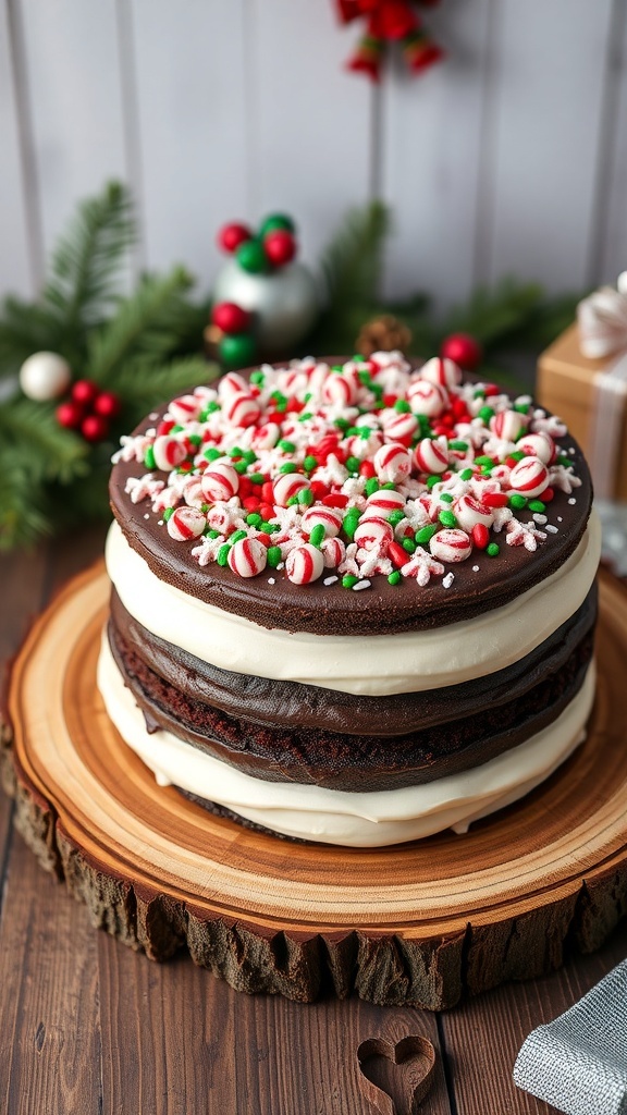 A festive chocolate cake with peppermint frosting and holiday sprinkles, displayed on a wooden table.